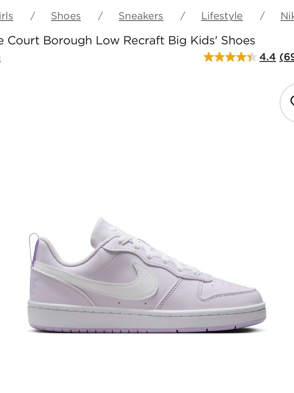 Nike Kids Low-Top Sneakers in Light Purple and White
